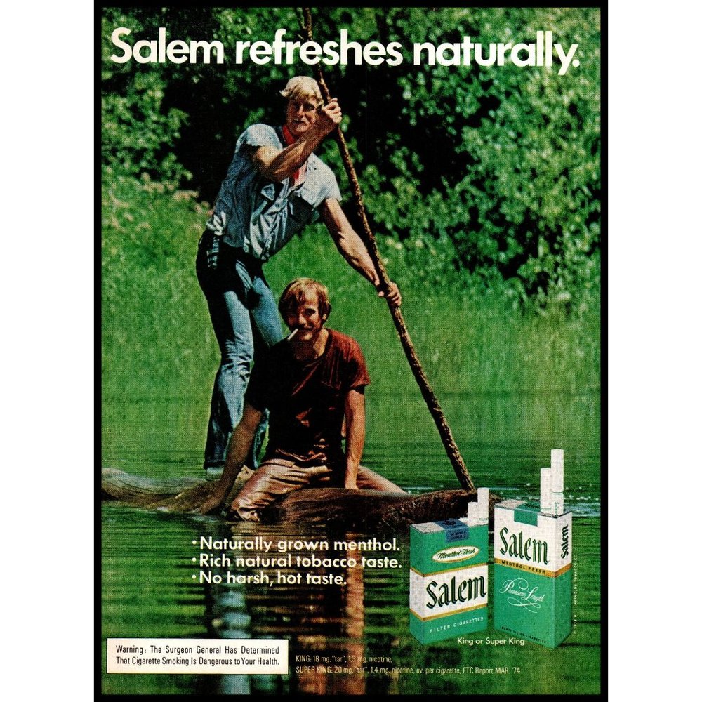 1974 Salem Cigarettes Vintage Print Ad Nature Log River Raft Denim Shirt Photo